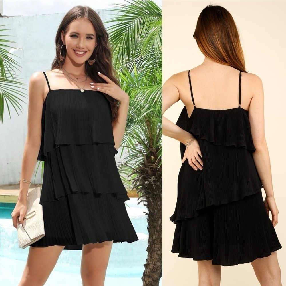 Chic Black Three-Tiered Ruffle Cami Dress
